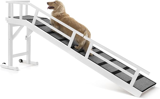Dog Ramp for Bed or Couch, Wooden Pet Ramp with 20° Gentle Slope, Removable Side Rails, Non-Slip Surface, Top Platform & Wheels, Safe Bed Ramp for Small, Large & Senior Dogs, 74" Long, White
