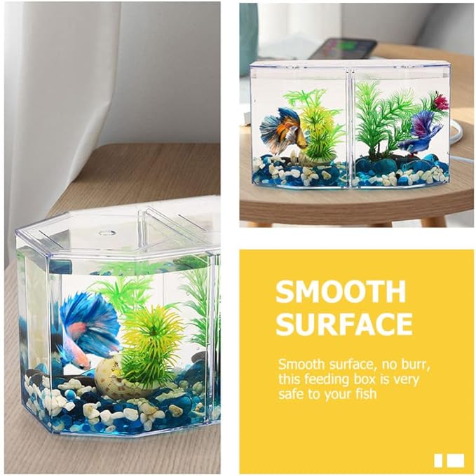 Acrylic Fish Tank Isolation Box with Two Compartments 7.87X4.72X4.33 Inch Clear Octagonal Breeding Tank for Betta and Small Tropical Fish Home Aquarium