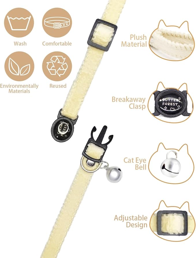 Furry Breakaway Cat Collar with Bell, Adjustable 7.87"-11.78" Kitten Collar, Suitable for All Types of Cats and Small Dogs (M, White)