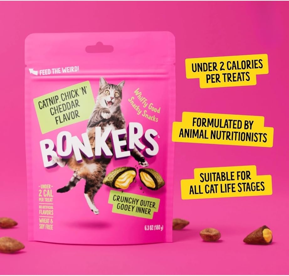 Bonkers Cat Treats, Catnip & Chicken Cheddar Flavor, Crunchy & Gooey, 16 oz Value Pack with Free Catnip Purrpop Sample