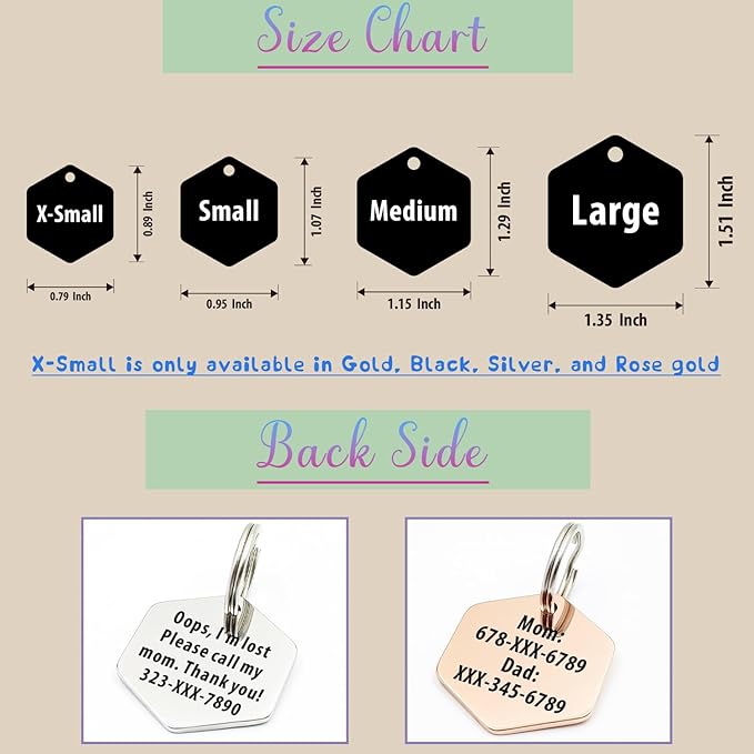 Personalized Pet ID Tags, Customizable Hexagon, Bone and Round Shapes, Multiple Designs with Mountain, Floral, and Night Sky Patterns, Stainless Steel Dog and Cat Tags (Hexagon)