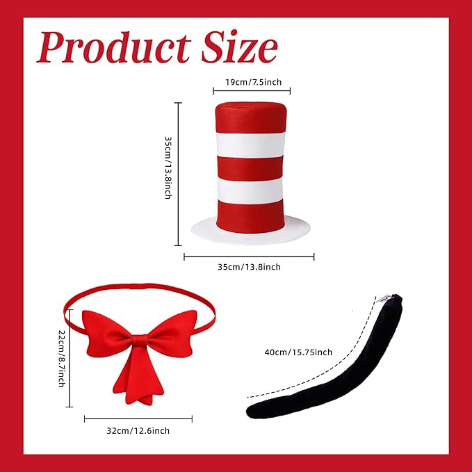 4 Pcs Cat Costume with Red and White Stovepipe Hat Bow Tie Gloves Tail Fit World Book Day Halloween Cosplay Party Costume Accessories