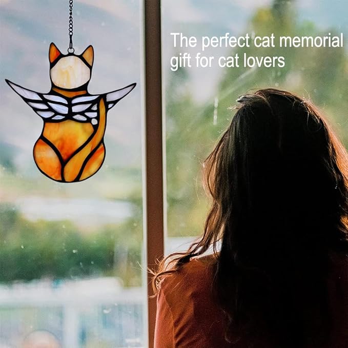 Cat Angel Memorial Statue, Stained Glass Window Hanging Decorations, Loss of Cat Sympathy Gift, Pet Memorial Sympathy Gifts Decoration, Miniature Hanging Ornament