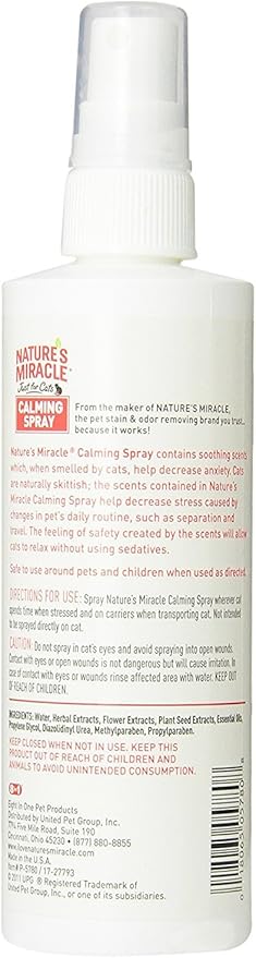 Nature's Miracle Just for Cats Calming Spray Stress Reducing Formula, 8-ounce (P-5780), White