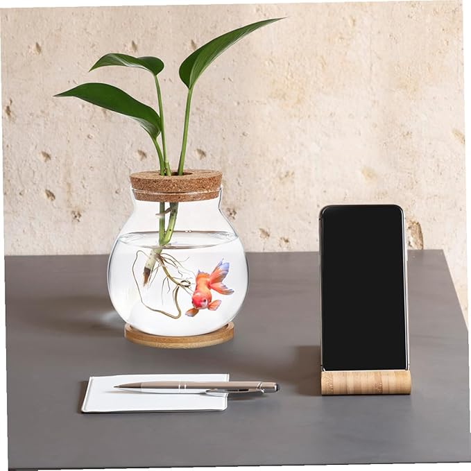 Small Hydroponic Glass Fish Tank with Lid, Mini Betta Fish Bowl 10x11cm with Mat for Desktop Aquarium Terrarium Decor