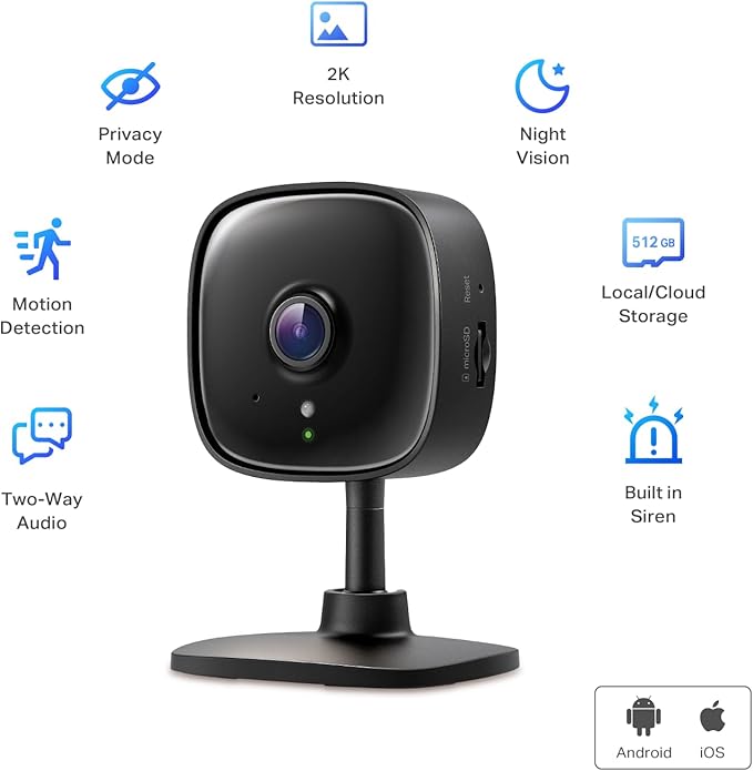 Tapo 2K Indoor Wired Security Camera - Works as a Baby Monitor & Pet Camera, Person/Motion/Baby Cry Detection, 2-Way Audio, Siren, Subscription-Free Local Storage or Optional Cloud, Black, C111