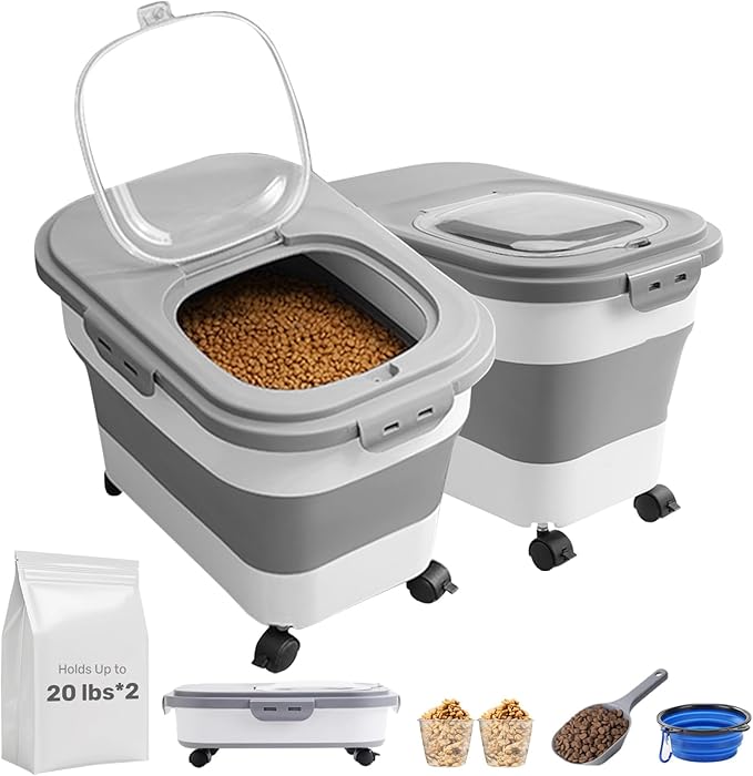 Dog Food Storage Container Up to 2pack*20LB,Collapsible Dog Food Container with Travel Silicone Bowl and Scoop for Dog/Cat/Bird Food/Cat litter,Keep Dry Food Fresh,Easy to Move.