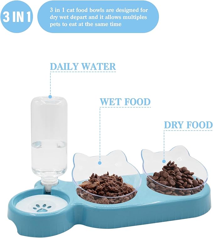 Sky Blue Triple Cat Bowls with 15 Tilt, 3-in-1 Automatic Water & Food Feeder, Whisker-Friendly Elevated Dishes for Small Cats & Puppies