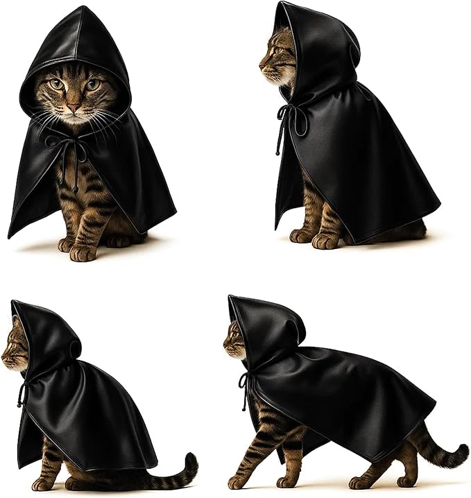 Black Bat Cat Mask and Cloak Costume for Indoor Cats, Funny Superhero Pet Outfit for Christmas, Cosplay, Parties and Photoshoots, Hooded Cape for Cats – Big Size