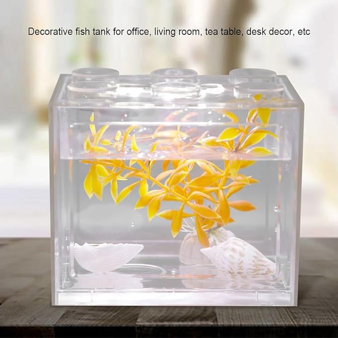 Mini USB LED Aquarium Fish Bowl Plastic Tank with White Light for Desk Tabletop Decor Energy-Saving Office Accent(Transparent)