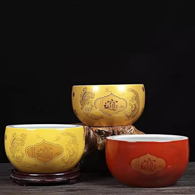 Fish Tank Treasure Bowl Ceramic Fortune Fish Tank Desktop Ceramic Small Treasure Bowl Turtle Feeding Bowl Aquarium(Gold,29x18cm)