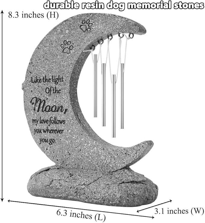 jinhuoba Moon Shaped Pet Memorial Stones for Dogs with Wind Chimes, Paw Prints Headstones Grave Stones for Loss of Pet Dog Memorial Gifts Sympathy Remembrance Gifts for Garden Backyard Patio or Lawn