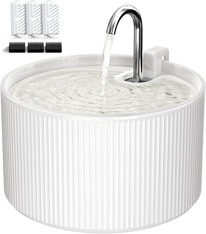 Ceramic Cat Water Fountain, 2.2L/74oz Ceramic Cat Fountains for Drinking Indoor with 3 Replacement Filters and 3 Sponges, Automatic Pet Water Dispenser with Ultra-Quiet Pump