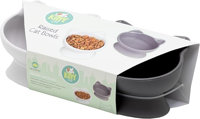 Kitty City Elevated Cat Bowls (Set of 2), Whisker-Friendly Raised Cat Food & Water Dishes, Modern Pedestal Design, Dishwasher Safe, 6.5 oz Each – White & Gray