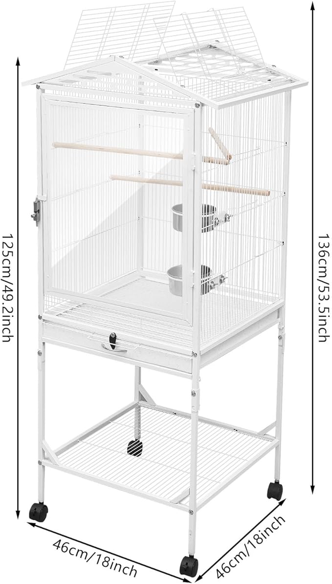 53.5 Inch Large Bird Cage Parakeet Cage with Wheels and Play Open Top Iron Bird Flight Cages for Parrot Lovebirds Finches Canaries Parakeets Cockatiels Budgie Parrotlet Conures (White, Type A)