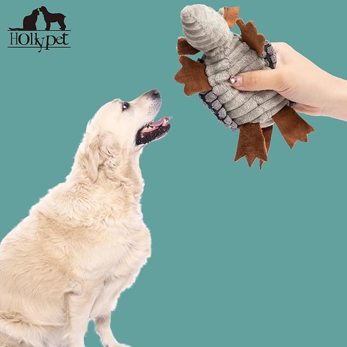 Hollypet Plush Dog Squeaky Toy Stuffed Armadillo Animal Pet Puppy Chew Toys with Clean Teeth for Small Medium Large All Breed Sizes Dogs, Dark Gray, 6 in