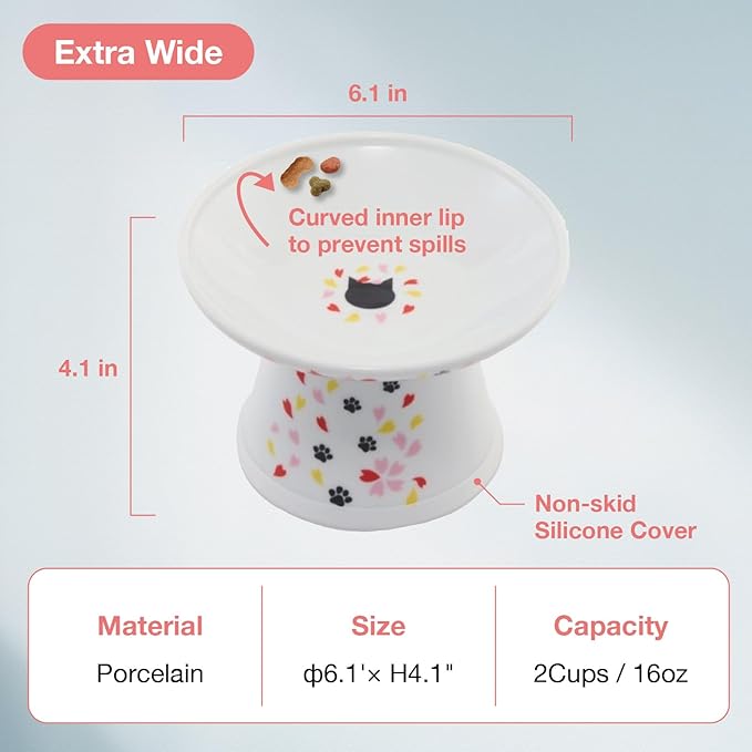 Necoichi Raised Cat Food Bowl – Ceramic Elevated Cat Bowl for Whisker & Neck Fatigue, Dishwasher Microwave Safe – Non-Slip & Anti Vomiting Ergonomic Design (Sakura Floral, Extra Wide, 2-Cups Capacity)