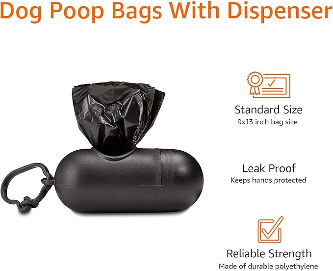 Amazon Basics Dog Poop Bags with Dispenser,Enhanced for Guaranteed Leakproof,Unscented,Includes Leash Clip,900 Count (Pack of 360)