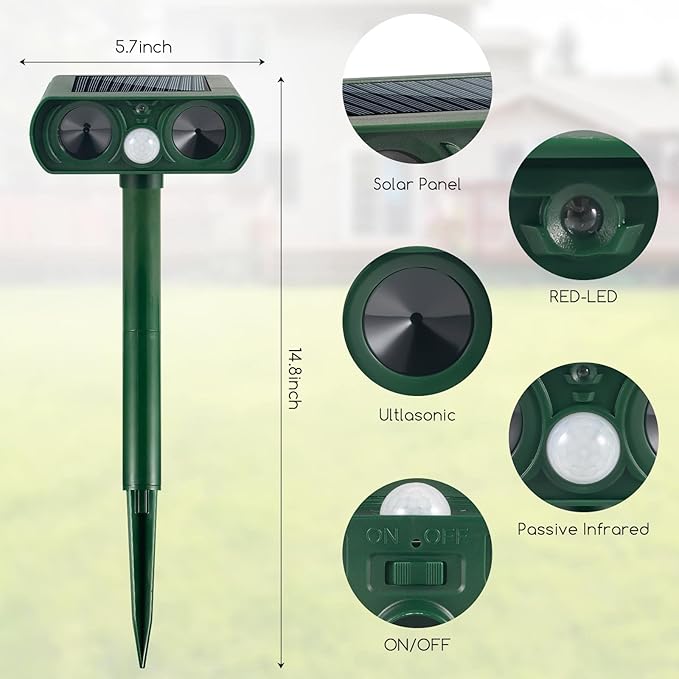 Solar Ultrasonic Animal Repeller Outdoor Deer Repellent Devices with Motion Sensor Waterproof Animal Deterrent Devices to Scare Cat Dog Squirrel Rabbit Raccoon Skunk Repellent for Yard Garden Lawn