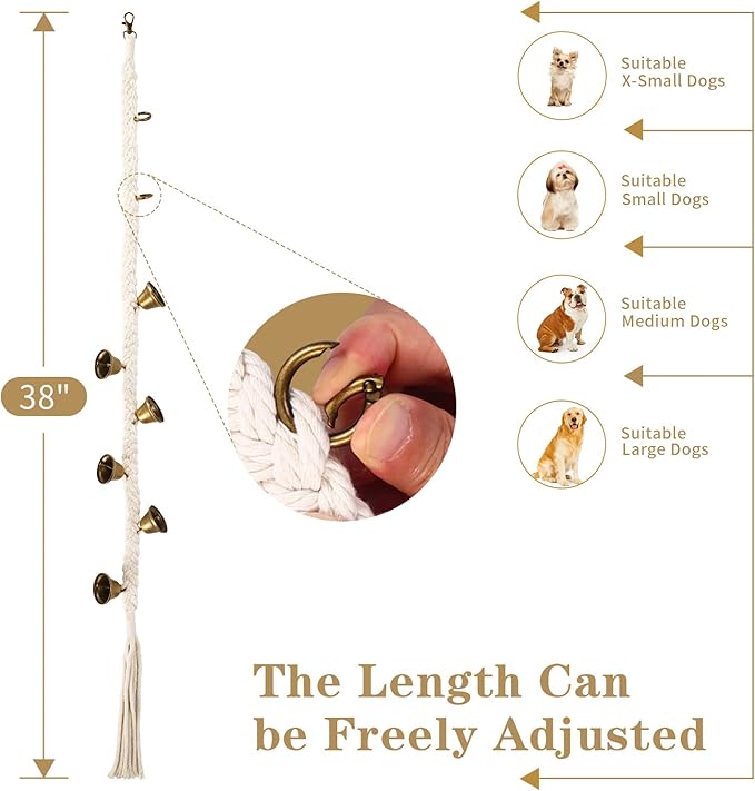 KLOGTSIND 2 Pack Dog Bells for Door Potty Training, Handwoven Cotton Rope Dog Doorbell with 6 Extra Loud Bells, Adjustable Dog Door Bells for Small Medium Large Dogs to Ring to Go Outside, Beige