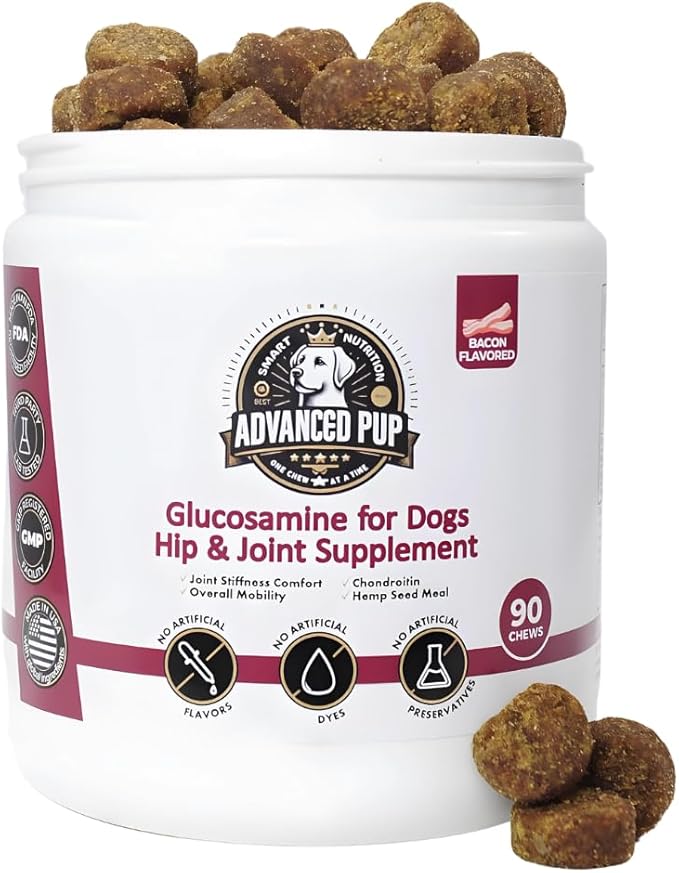 Hip and Joint Supplement - Natural Glucosamine Chondroitin MSM & Turmeric for Dogs - Dog Hip & Joint Care to Heal Dog Joint Stiffness & Inflammation - Tasty Bacon 90CT