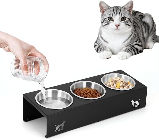 Elevated cat Bowls with Non-Slip Base, 15°Tilted Integrated Stand Anti Vomiting Raised Cat Dishes, Includes 3 Stainless Steel Bowls for Food and Water, Suitable for Cats and Small Dogs.