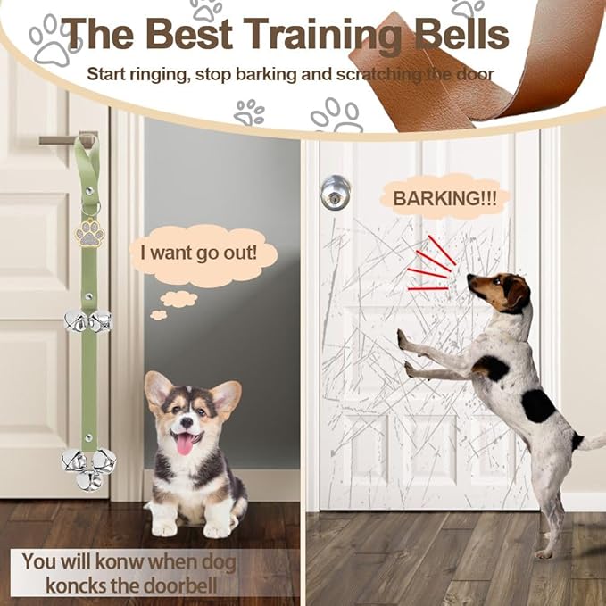 Leather Dog Bells, Puppy Potty Training Bell Dog Doorbell Potty Train Dog Bell for Potty Training Door Bells for Dogs to Ring to Go Outside Jingle Bells (Leather Green, Paw 1 PCS)