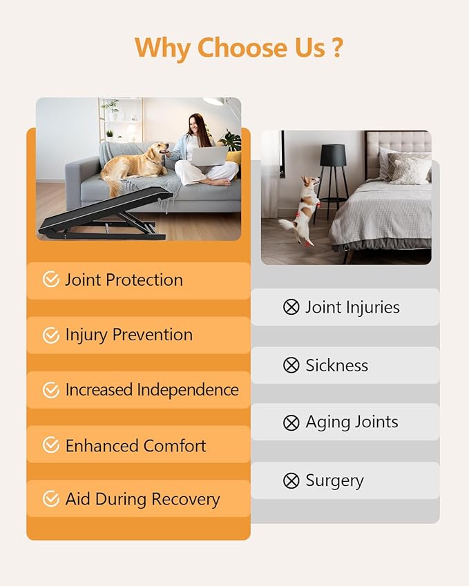 Dog Ramp for Bed, Pet Ramp for Small Dogs to Get on Bed, Dog Bed Ramp for High Bed 24 inch, Adjustable Wood Furniture Dog Ramp for Couch/Bedroom, Adjustable from 15" to 24" Height - Black