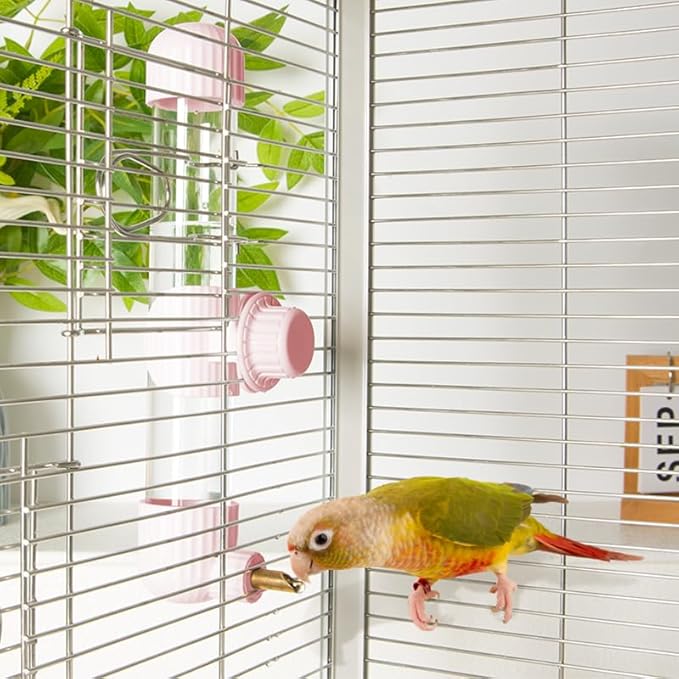 9.4 Fl Oz No Mess Bird Water Dispenser, Automatic Parrot Water Feeder with Spring Valve, Clear Cage Water Drinker for Parakeets Cockatiels Budgies Finch Lovebirds & Canary (Pink, 9.4 fl oz (280ml))
