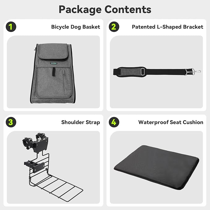Dog Bike Front Basket, 4 in 1 Foldable Pet Backpack/Shoulder Bag/Auto Seat with Heavy-Duty L-Shaped Mount Φ3.15 in, Waterproof Cushion & Reflective Strips, Supports Up to 22lbs