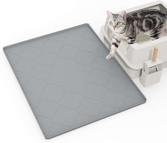 Cat Litter Mat, 28" X 22" Silicone Litter Box Mat, Cat Litter Trapping Mat for Indoor Use, Easy Clean for Scatter Control, Soft on Kitty Paws, Waterproof & Urine Proof, Gray