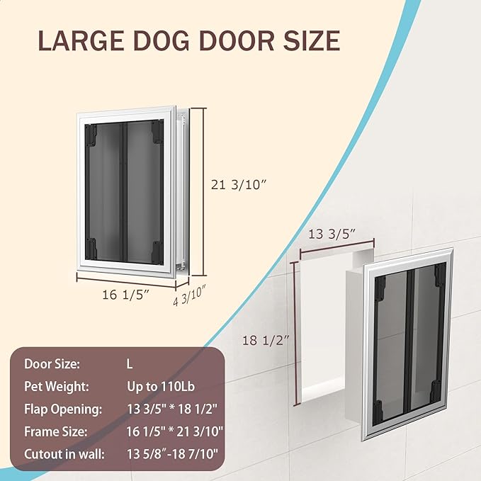 Dog Door for Wall, Energy Efficient French Doggy Door with Aluminum Frame, Telescoping Tunnel and Magnetic Flaps, Easy Install for Walls 4"- 7 7/8" Thick, Large