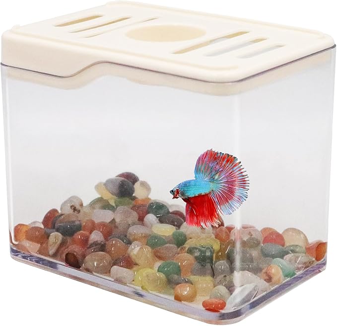 Betta Fish Tank, 0.25 Gallon Mini Plastic Quadrate Aquariums with Colorful Stone, Beta Fish Aquariums, Tiny Cube Tank for Office, Table, Living Room, Desk