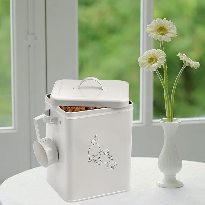 SOUJOY Pet Treat and Food Storage Bin with Lid and Scoop, 5LBS White Vintage Farmhouse Storage Tin, Coated Carbon Steel Canister, Gift for Dogs Owners