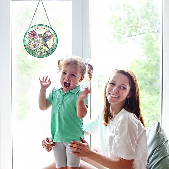 Hummingbird Suncatcher with Floral Nectar Design, Stained Glass Suncatcher - Stained Glass Window Hanging for Nature Lovers, Unique Gift for Bird Enthusiasts, Indoor/Outdoor Garden or Home Decoration