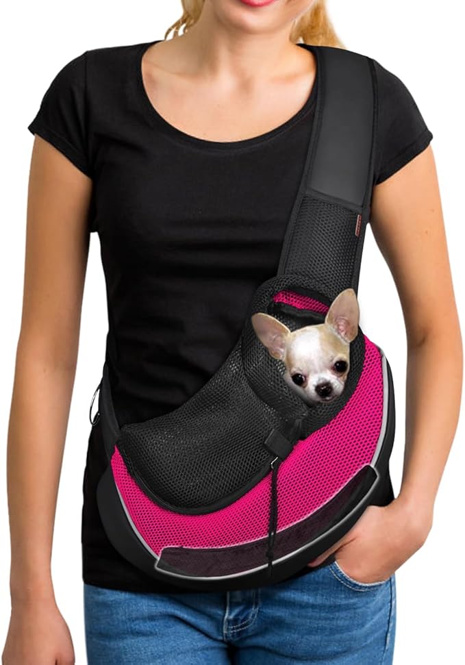 YUDODO Pet Sling Carrier for 2-5 lbs Small Dogs & Cats – Hands-Free Puppy Carrier with Safety Hook, Large Zipper Pocket, Soft Breathable Mesh, Adjustable Strap & Reflective Strip (Pink 3.0 S)