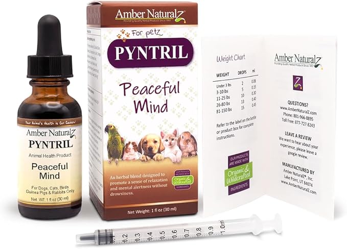 AMBER NATURALZ Pyntril Peaceful Mind Herbal Supplement for Dogs, Cats, Birds, Guinea Pigs, and Rabbits | Herbal Pet Supplement for Relaxation | 1 Fluid Ounce Glass Bottle | Manufactured in The USA