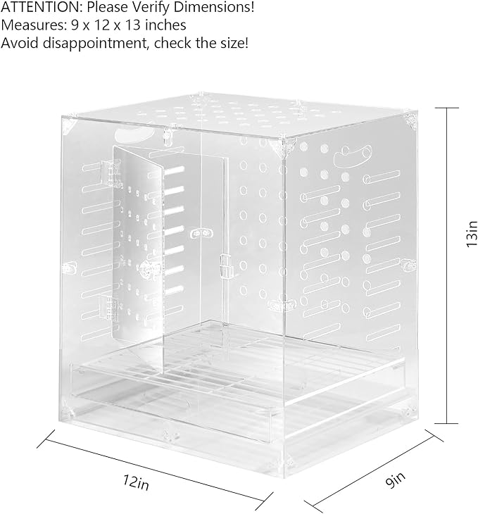 Clear Acrylic Bird Cage for Small Birds, Transparent Display Habitat for Canary, Parakeet - Easy to Clean & Assemble (9x12x13in)