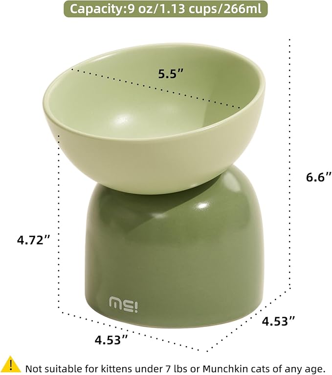Elevated Ceramic Cat Food Bowl - 5.5" Wide Dish for Whikser Friendly, 6.6" Height for Easy Feeding, Lead & Cadmium Free, Durable Raised Cat Food Bowls, Green