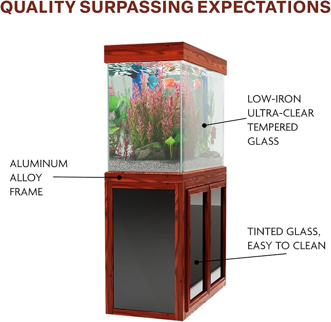 50 Gallon Glass Aquarium with Aluminum Cabinet - Including Sump for Filtration and Circulation, Plumbing, LED, Redwood