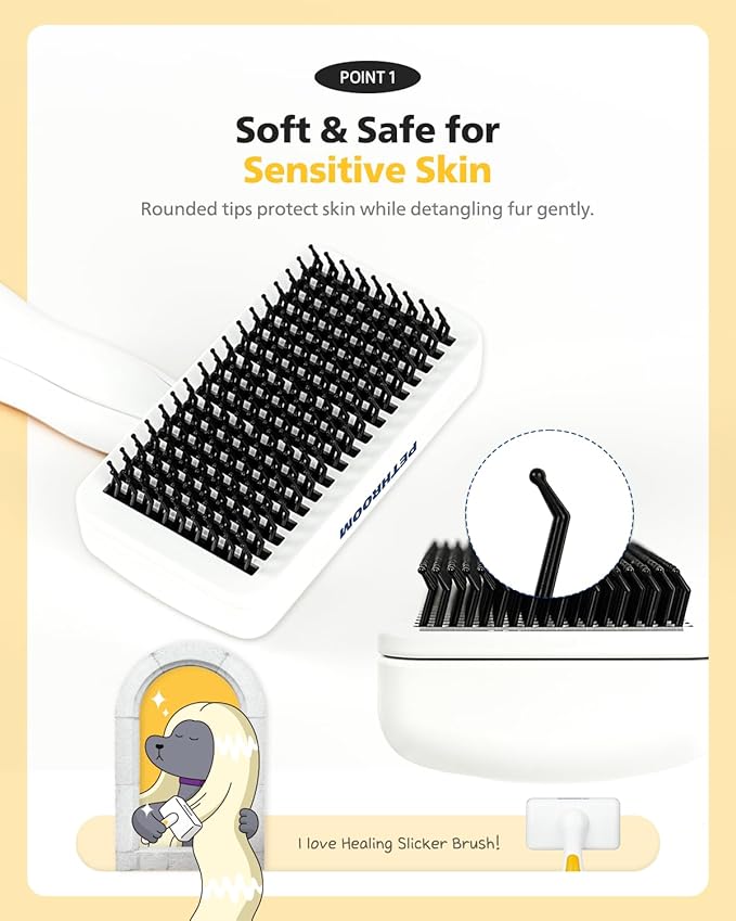 PETHROOM Pet Healing Slicker Brush with One-Touch Clean Button | Gentle Grooming Brush for Dogs & Cats | Removes Shedding, Mats & Tangles with Coated Tips, White & Yellow