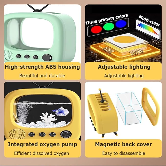 Fish Tank Mini Aquarium,Realistic TV Styling,Small Betta Fish Tank Starter Kit,Desktop Fish Bowl for Desk Display with Lights,Helping Cats Fight Depression,Yellow b