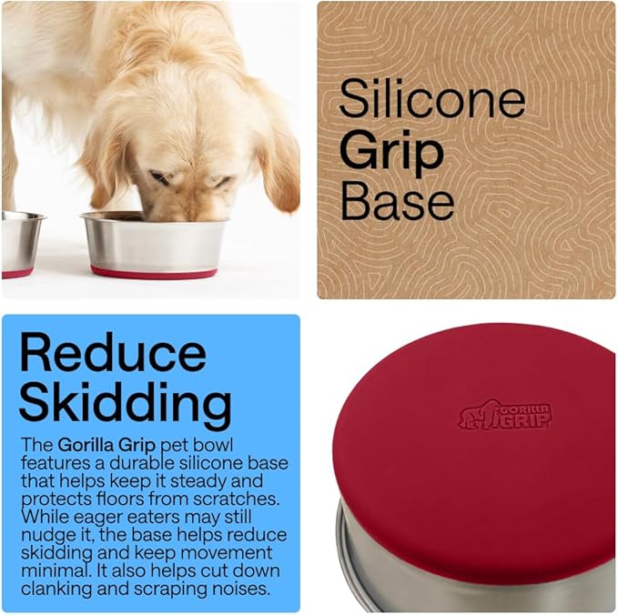 GORILLA GRIP Dog Bowls, Holds 1 Cup Each (8 fl oz), Heavy Duty Stainless Steel Food and Water Bowl for Feeding Dogs and Cats, Dishwasher Safe, Rust Resistant Metal, BPA Free Rubber Base, Set of 2 Red