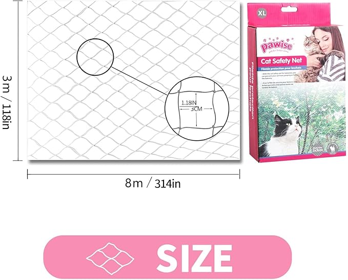 PAWISE Cat Safety Net, Cat Balcony Net Pet Anti-Fall Netting for Window Stairs,Dog Fence Nets Transparent （26x10 Ft）