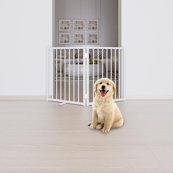 Full Metal Freestanding Gate with Door, 24'' Height Foldable Pet Dog Fence for Indoor & Outdoor, 2 Panels Extra Wide Free Standing Small Dog Gates for Doorways,House,Stairs,Porch,Deck,Yard