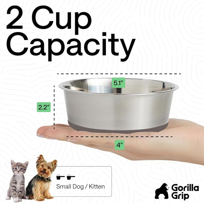 GORILLA GRIP Dog Bowls, Heavy Duty 304 Stainless Steel, Holds 2 Cups Each (16 fl oz) Food and Water Bowl for Feeding Dogs and Cats, Dishwasher Safe, Rust Resistant, BPA Free Rubber Base Set of 2 Beige