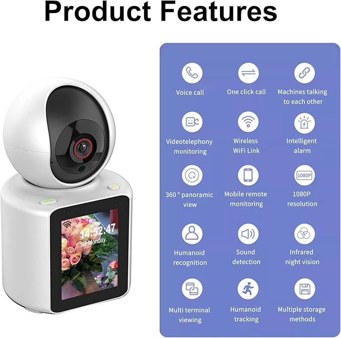 Video Calling Camera with 2.8 inch HD Screen Voice Assistant, 1080P Indoor Home Security Camera, Indoor Home Pet/Nanny/Baby/Elder/Dog Camera with Phone App