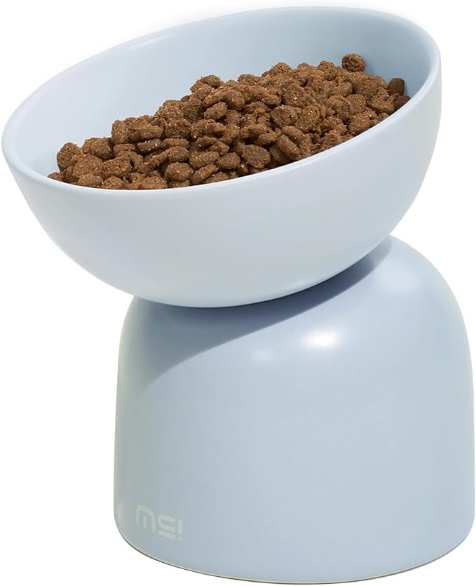 Elevated Ceramic Cat Food Bowl - 5.5" Wide Dish for Whikser Friendly, 6.6" Height for Easy Feeding, Lead & Cadmium Free, Durable Raised Cat Food Bowls, Blue