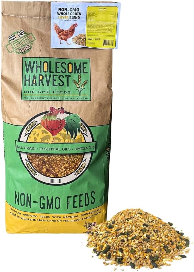 Non-GMO Whole Grain Layer Blend 16% - Chicken Feed for Laying Hens and Ducks - Includes Essential Oils, Herbs, Oyster Shells, Vital Minerals, and Omega 3, 25lb