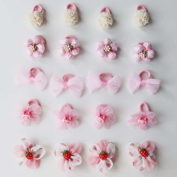 20pcs Dog Hair Bows, Cute Puppy Hair Bows Flowers Bowknot Hairball Strawberry Mix Styles, Pet Grooming Rubber Bands Dogs Hair Accessories Handmade